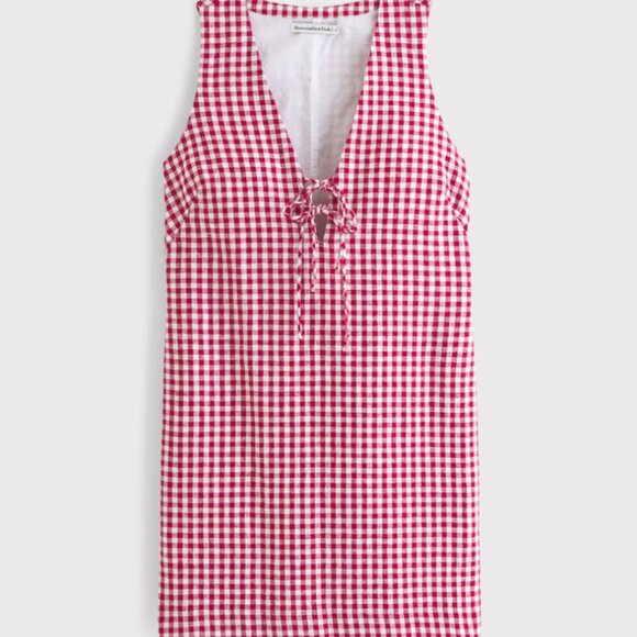 Abercombie Linen-Blend Tie-Front Mini Dress Red Gingham - Picture 4 of 6